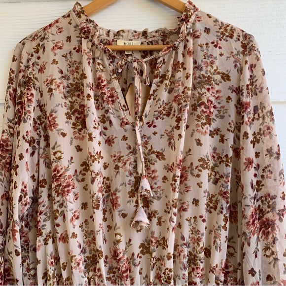 Kori Plus XL Floral smocked waist v neck flutter hem long sleeve mini dress - Picture 4 of 16